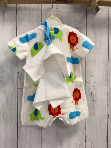 Boboli neu 2tlg  Playsuit + Beutel Gr. 56  weiß bunte Tiere Strick