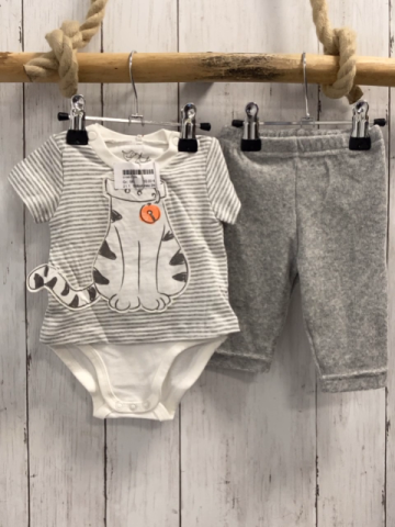 Boboli neu 2tlg  T-Shirt + Hose  Gr. 56  grau weiß gestreift Katze Bodyunterteil + grau Frottee