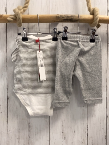 Boboli neu 2tlg  T-Shirt + Hose  Gr. 56  grau weiß gestreift Katze Bodyunterteil + grau Frottee