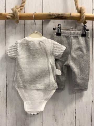 Boboli neu 2tlg  T-Shirt + Hose  Gr. 56  grau weiß gestreift Katze Bodyunterteil + grau Frottee