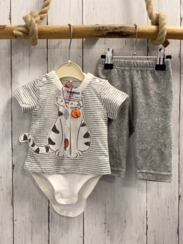 Boboli neu 2tlg  T-Shirt + Hose  Gr. 74  grau weiß gestreift Katze Bodyunterteil + grau Frottee