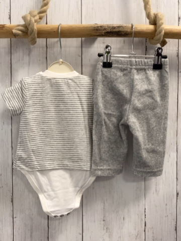 Boboli neu 2tlg  T-Shirt + Hose  Gr. 74  grau weiß gestreift Katze Bodyunterteil + grau Frottee