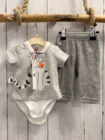 Boboli neu 2tlg  T-Shirt + Hose  Gr. 68  grau weiß gestreift Katze Bodyunterteil + grau Frottee