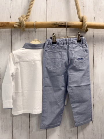 Chicco neu 2tlg Langarmshirt + Hose Gr. 80  weiß blau melierter Kragen + Hose NP 57,90 €