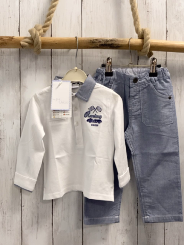 Chicco neu 2tlg Langarmshirt + Hose Gr. 86  weiß blau melierter Kragen + Hose NP 57,90 €