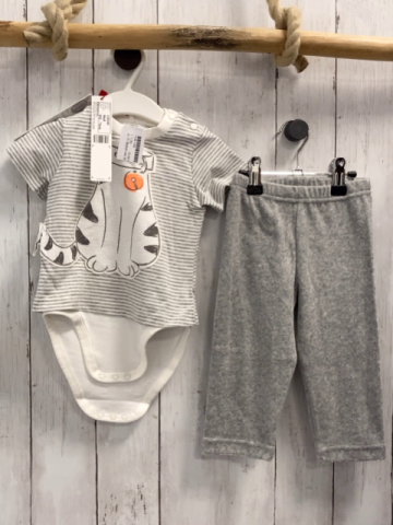 Boboli neu 2tlg T-Shirt + Hose Gr. 74  weiß grau gestreift Katze + grau Frottee
