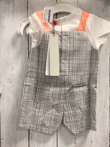 Boboli neu Playsuit Gr. 68  weiß + weiß grau kariert Latzoptik aprikot Hosenträger