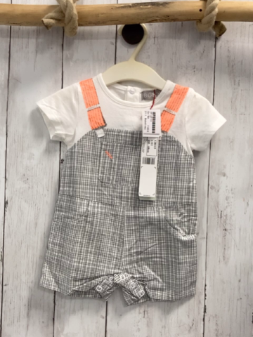 Boboli neu Playsuit Gr. 68  weiß + weiß grau kariert Latzoptik aprikot Hosenträger