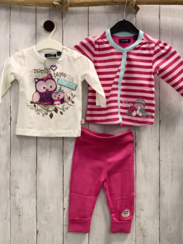 blue seven neu 3tlg Sweatjacke + Langarmshirt + Hose Gr. 62  pink rosa gestreift hellblauer Bund Pilze + weiß Eulen