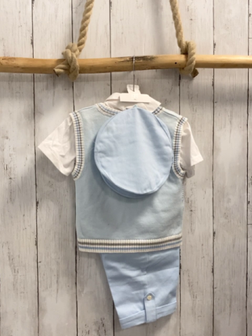 Emile et Rose 4tlg neu Sommerhemd + Pullunder + Shorts + Kappe Gr. 74  weiß + hellblau grau weiß Streifen + hellblau 