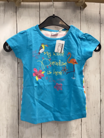 blue seven neu T-Shirt Gr. 80  hellblau gelbe Schrift Vögel Rückseite bunt gestreift