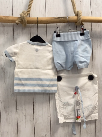 3tlg Boboli neu T-Shirt + Shorts + Beutel Gr. 62  weiß blaue Streifen Strick + hellblau