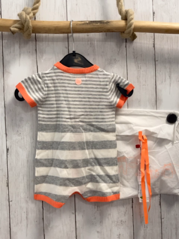 Boboli neu 2tlg Playsuit + Beutel Gr. 56  grau weiß gestreift orange Bund Strick 