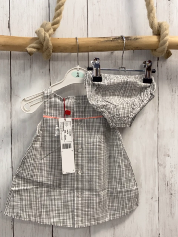 Boboli neu 2tlg Kleid + Höschen Gr. 62  grau weiß kariert aprikot Schleife