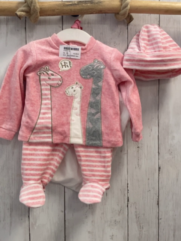 4tlg Boboli neu Pullover + Hose + Mütze + Beutel Gr. 62  himbeere Giraffen + himbeere weiß gestreift 
