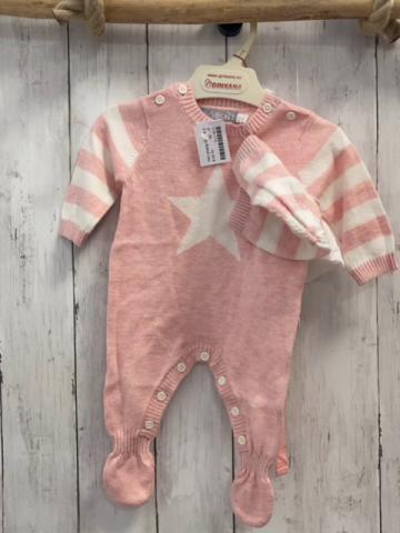 3tlg Boboli neu Strickoverall + Mütze + Beutel Gr. 56  rosa weiß Streifen + Stern 
