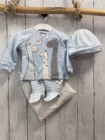 4tlg Boboli neu Pullover + Hose + Mütze + Beutel Gr. 56  hellblau Giraffen + hellblau weiße Streifen
