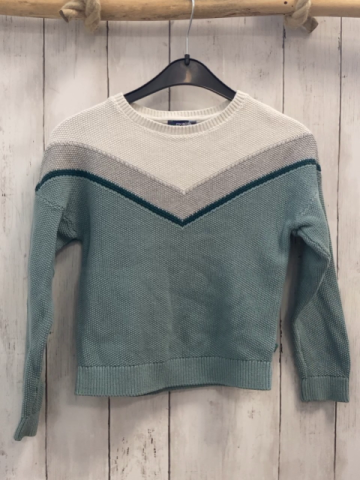 Okaidi  Pullover  Gr. 128  weiß grau grün mint V-Streifen Strick Struktur 