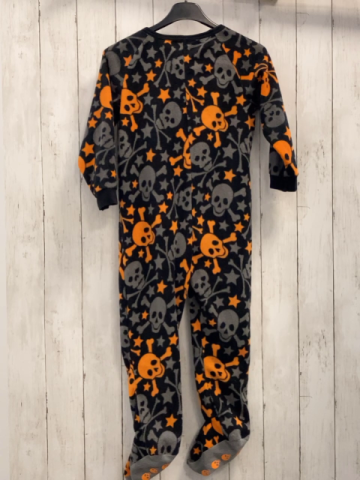   Fleeceschlafanzug  Gr. 110  schwarz grau orange Totenköpfe + Sterne 