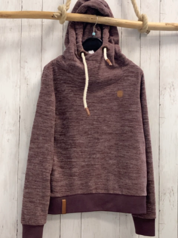 Naketano  Pullover  Gr. M aubergine hellgrau meliert Fleece Kapuze Kordel 