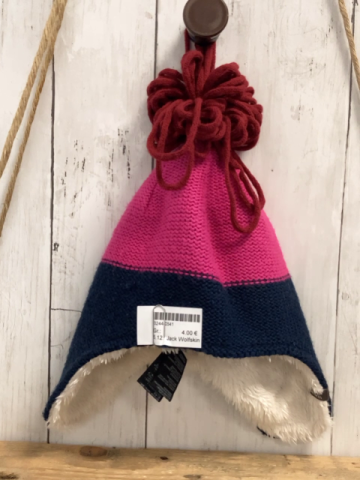Jack Wolfskin  Mütze Gr. M  pink blau Strick weinroter Bommel weißes Plüschfutter 