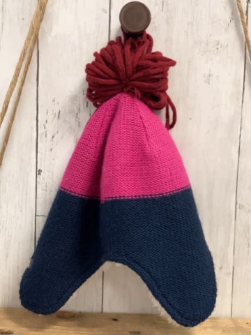 Jack Wolfskin  Mütze Gr. M  pink blau Strick weinroter Bommel weißes Plüschfutter 