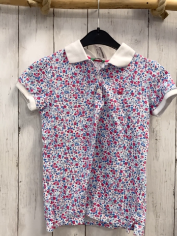 Benetton  T-Shirt Gr. 128  weiß rot rosa Blumen blau hellblaue Bätter weißer Polokragen