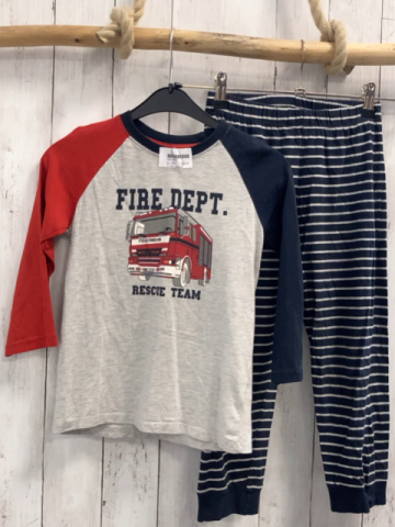2tlg  Schlafanzug  Gr. 110  grau Feuerwehr Schrift blau/roter Ärmel + blau weiße Streifen