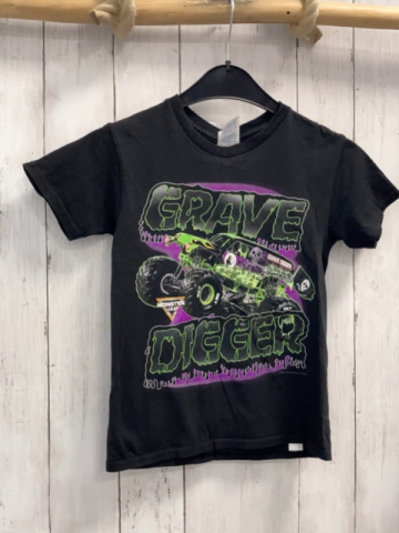   T-Shirt Gr. 128  grau Monster Truck hellgrün pink Druck + Schrift 