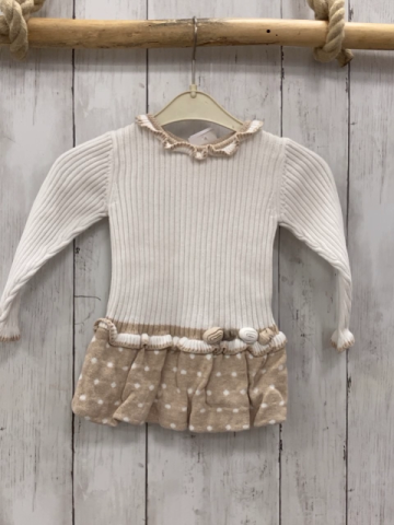 Mayoral  Kleid  Gr. 74   weiß geripptes Oberteil beige Rock mit weißen Punkten Strick 