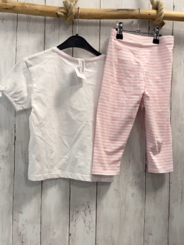 neu 2tlg  T-Shirt + Caprileggings  Gr. 98  weiß Pelikan Schrift Blumen + rosa weiße Streifen 