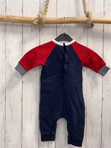 Petit Bateau  Overall Gr. 68  blau rote Ärmel blau weißer Streifenbund Schrift 