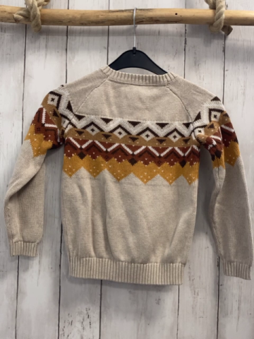  Pullover  Gr. 110  beige Strick + ocker braun dunkelbraun weißes Muster mit Zackenstreifen 