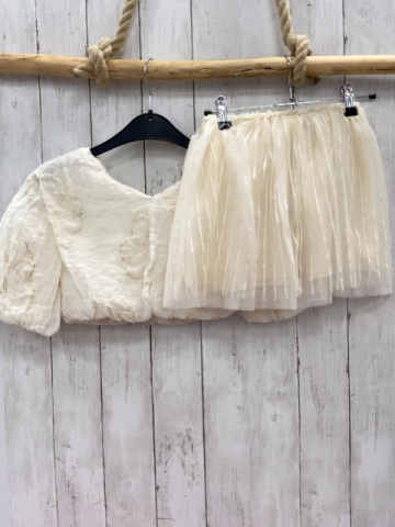 2tlg Zara  Sommerbluse + Rock Gr. 134  creme goldene Blumen + Streifen 