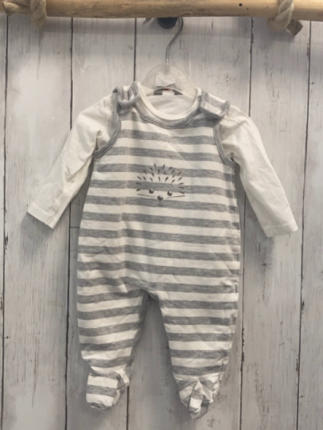 2tlg Kanz  Strampler + Langarmshirt  Gr. 56  grau weiße Streifen Igel + weiß 