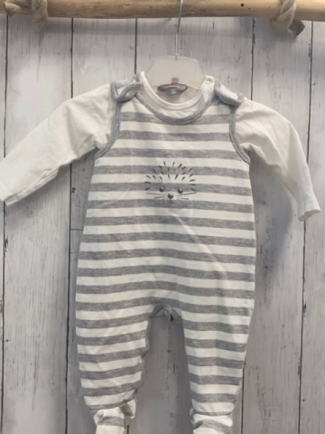 2tlg Kanz  Strampler + Langarmshirt  Gr. 62  grau weiße Streifen Igel + weiß 