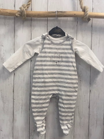 2tlg Kanz  Strampler + Langarmshirt  Gr. 68  grau weiße Streifen Igel + weiß 