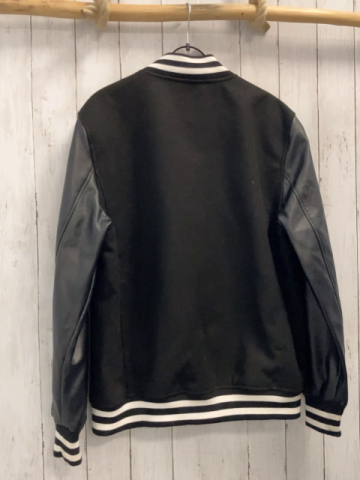 Guess  Collegejacke  Gr. L schwarz Kunslederoptikärmel weißer Streifenbund (mit Flecken)