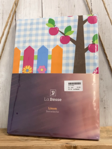 La Bèsse Bettwäsche  100 x 135 / 40 x 60 Linon hellblau weiß kariert + grün mit weißen Punkten Gartenzaun Bäume 