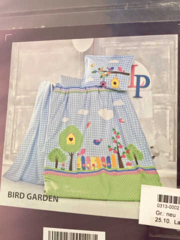 La Bèsse Bettwäsche  100 x 135 / 40 x 60 Linon hellblau weiß kariert + grün mit weißen Punkten Gartenzaun Bäume 