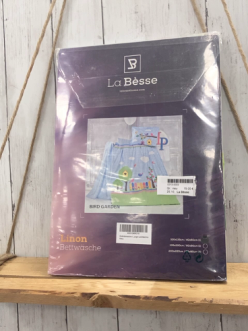 La Bèsse Bettwäsche  100 x 135 / 40 x 60 Linion hellblau weiß kariert + grün mit weißen Punkten Gartenzaun Bäume 