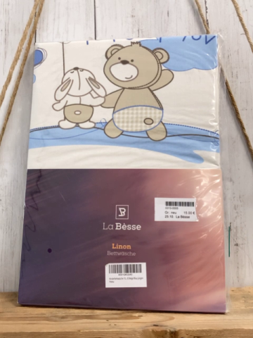 La Bèsse Bettwäsche  100 x 135 / 40 x 60 Linon  weiß hellblaue Streifen Bären Hasen Vögel 