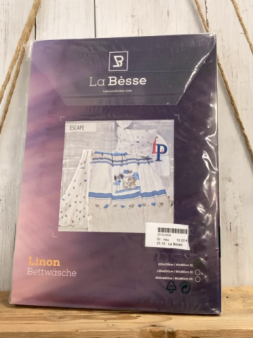 La Bèsse Bettwäsche  100 x 135 / 40 x 60 Linon  weiß hellblaue Streifen Bären Hasen Vögel 
