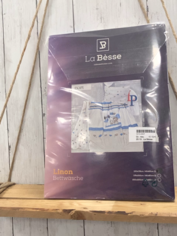 La Bèsse Bettwäsche  100 x 135 / 40 x 60 Linion  weiß hellblaue Streifen Bären Hasen Vögel 