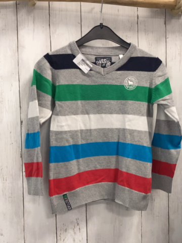   Pullover  Gr. 116  hellgrau + blau grün weiß hellblau rote Streifen Strick