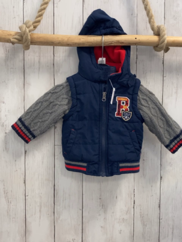  Jacke  Gr. 68  blau gesteppt + graue Strickärmel mit Zöpfen + blau roter Streifenbund 