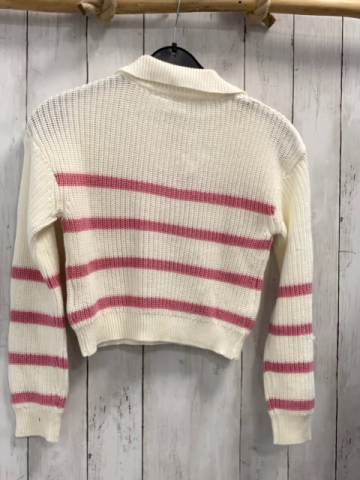  Pullover Gr. 128  weiß pink Streifen Kragen kurz geschnitten