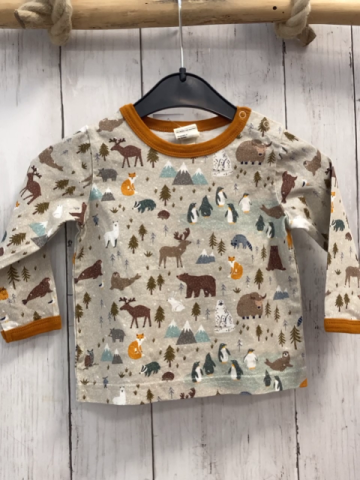 alana  Langarmshirt  Gr. 74  grau Berge Tiere Tannen ocker Bund 