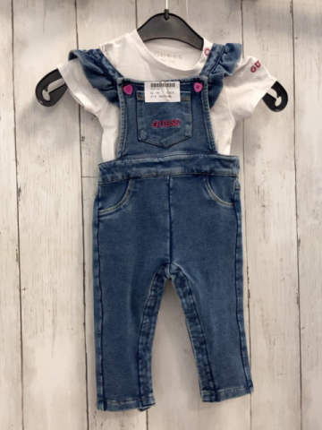 2tlg Guess  Latzhose + Body  Gr. 74   blau jeans pink Glitzerschrift + weiß pink Knöpfe 