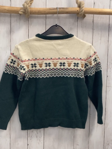 Vertbaudet  Pullover  Gr. 134  weiß grün Strick + Muster mit Zackenstreifen + Hirschen 